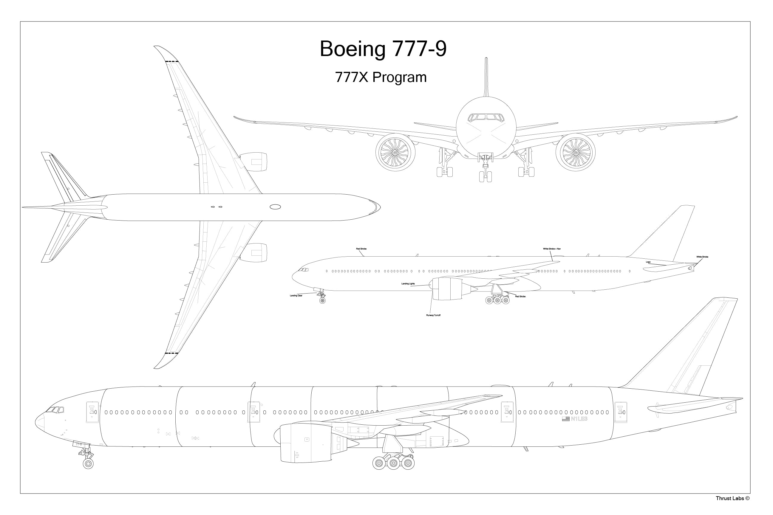 Boeing 777-9 | 777X Program — Technical Schematic Poster